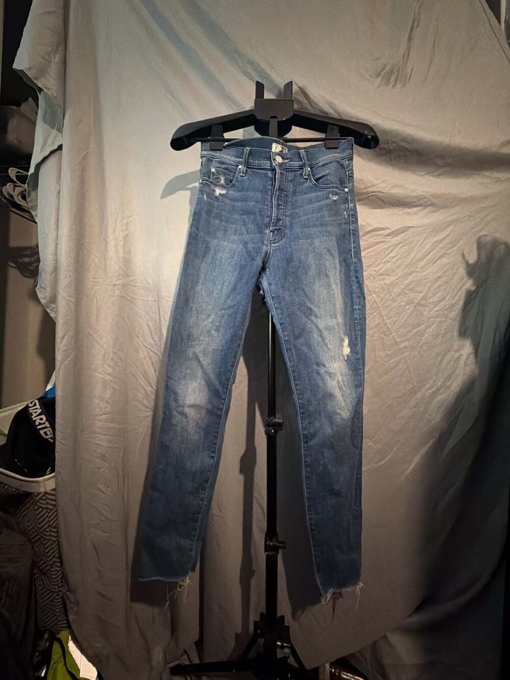 MOTHER Denim The Stunner Fray Jeans Blue Distressed Ankle Skinny